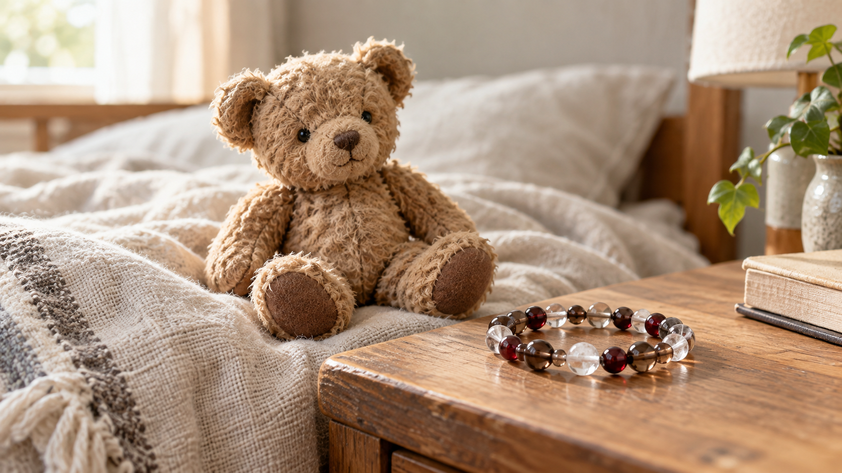 柔らかな光の中に置かれたクマのぬいぐるみと天然石のブレスレット