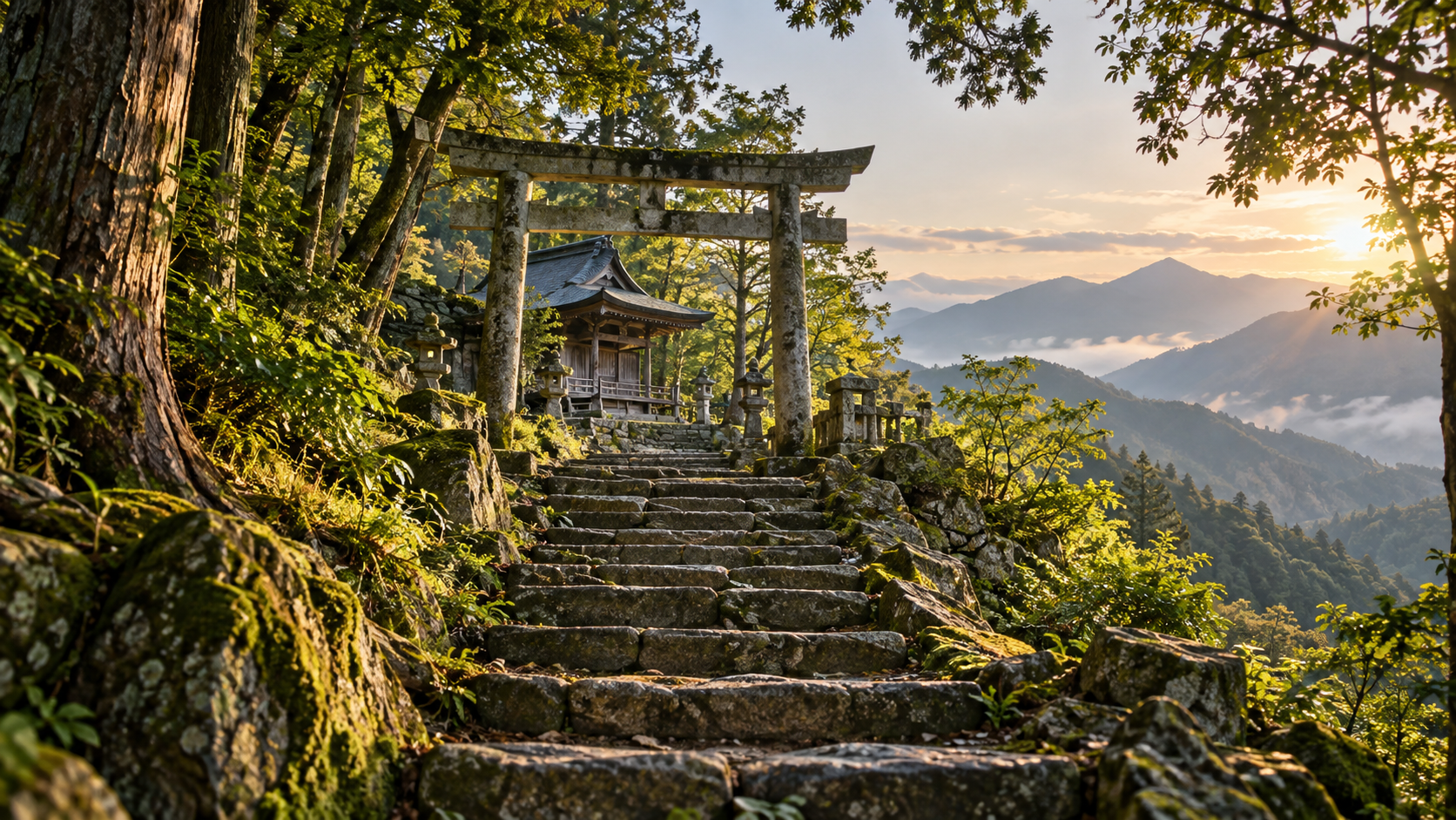 山の神社へ続く石段と石の鳥居に朝日が差し込む風景